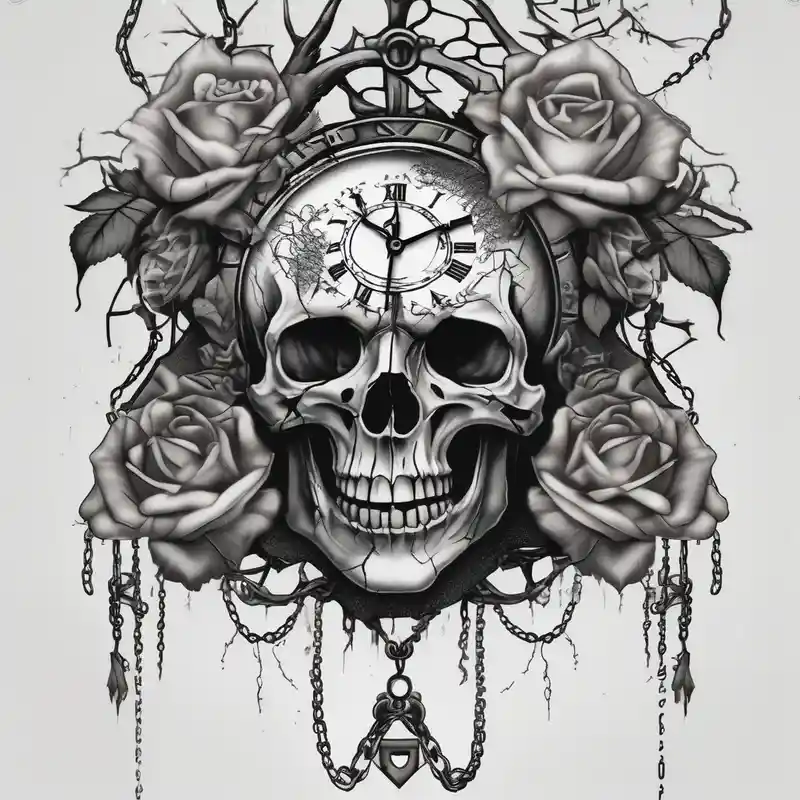 tattoo fool sleeve, tree roots break out of the chains, broken mask, clock with flying numbers, girl, skull, roses english